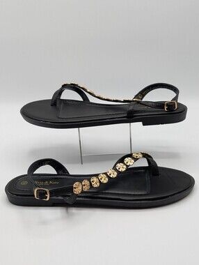 Olivia & Kate Sandals 8.5 Black with Gold Accents Toe Ring Flat Slide Adj. Strap